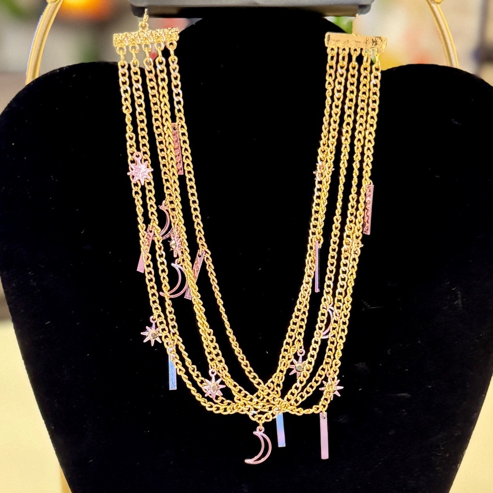 Multi-Layered Choker Necklace with Purple Sun Moon & Star Charms